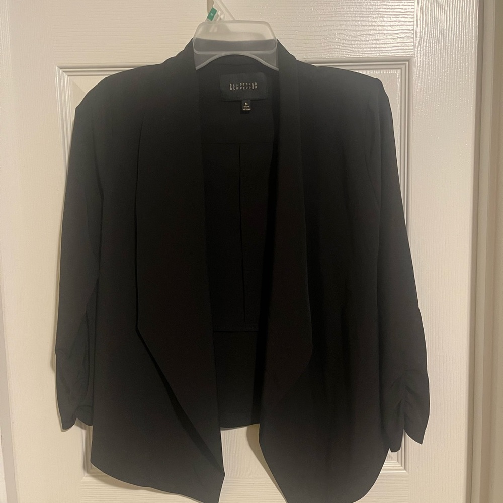 Blu Pepper Draped Open-Front Black Blazer with Ruched Sleeves